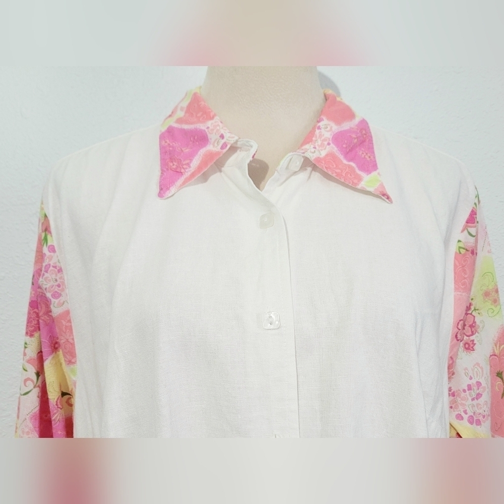 CJ Banks Vintage Women's Size 1X Linen Blend Button Front Shirt Floral Patchwork - Picture 3 of 13
